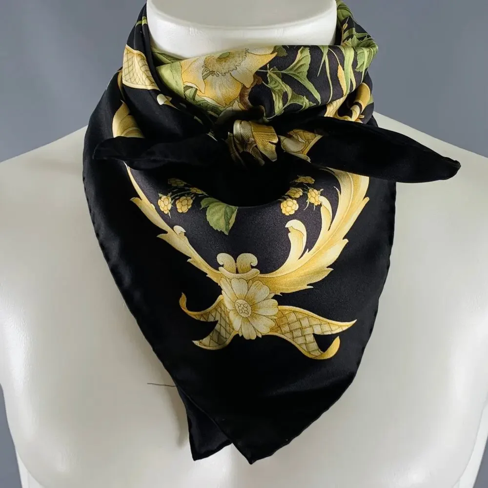 SALVATORE FERRAGAMO Black Yellow Green Birds Silk Scarf